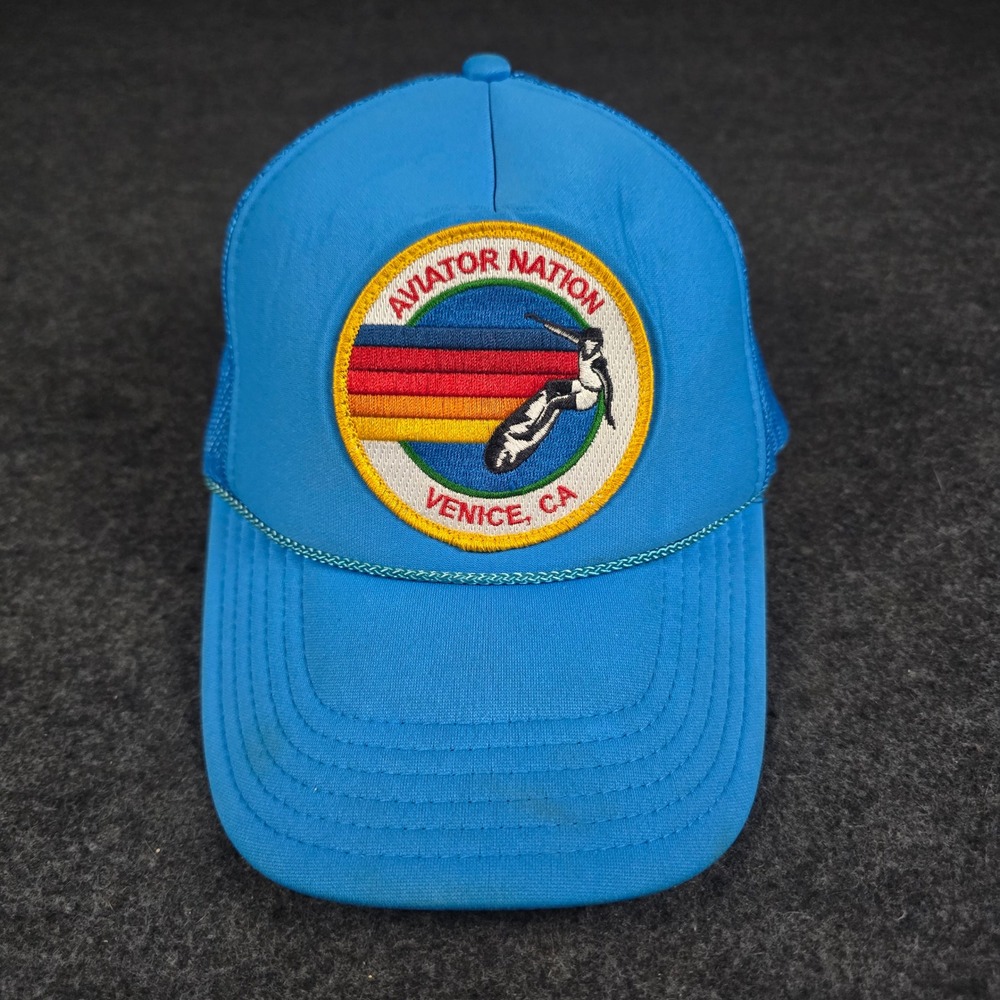 Aviator Nation Blue Trucker Hat Signature Rainbow Patch Venice CA Snapback Cap